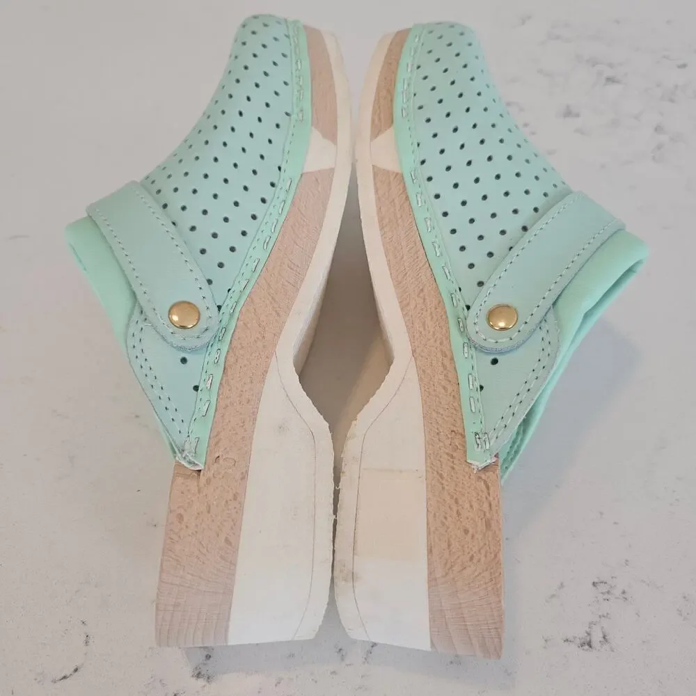 Calzuro Wood Clogs Light Aqua Green Perforated Leather Size 36 US 6.5-7